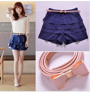 2013-Summer-Korean-Pleated-Belted-Short-Pants-Chiffon-Cake-Layered-Skirt-Blue-Shorts-For-Women-S
